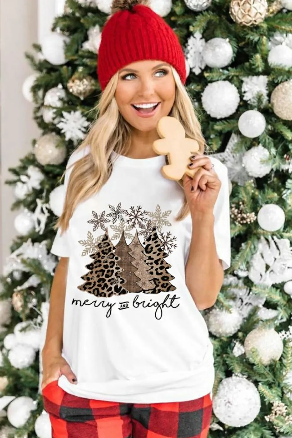 Discount Dear-Lover Leopard Christmas Tree Graphic Crew Neck T Shirt White
