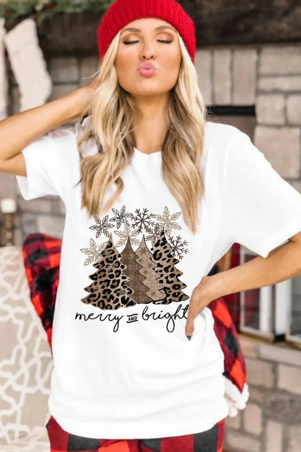 Discount Dear-Lover Leopard Christmas Tree Graphic Crew Neck T Shirt White