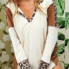 Best Dear-Lover Leopard Color Block Patchwork Split Neck Long Sleeve Top White