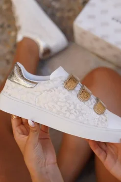Online Dear-Lover Leopard Color Block Velcro Straps PU Leather Sneakers White