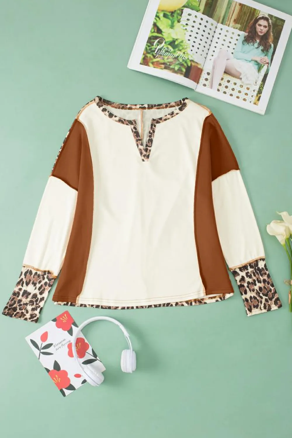 Best Dear-Lover Leopard Color Block Patchwork Split Neck Long Sleeve Top White