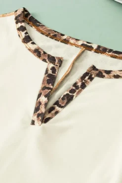 Best Dear-Lover Leopard Color Block Patchwork Split Neck Long Sleeve Top White