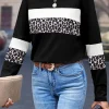 New Dear-Lover Leopard Colorblock Patchwork Crew Neck Long Sleeve Tee White