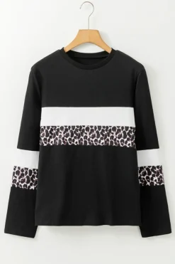New Dear-Lover Leopard Colorblock Patchwork Crew Neck Long Sleeve Tee White