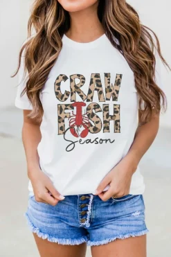 Clearance Dear-Lover Leopard CRAWFISH Season Lettering Casual Tee White