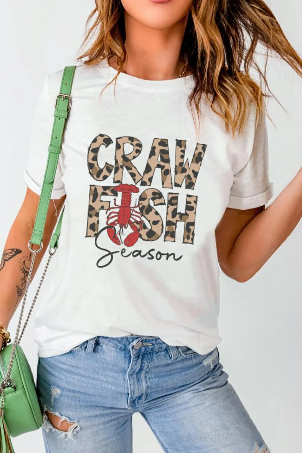 Clearance Dear-Lover Leopard CRAWFISH Season Lettering Casual Tee White