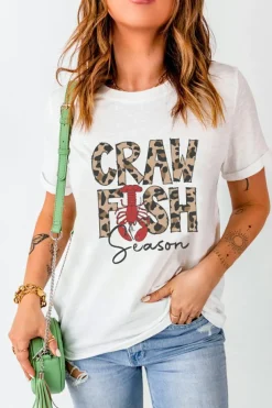 Clearance Dear-Lover Leopard CRAWFISH Season Lettering Casual Tee White