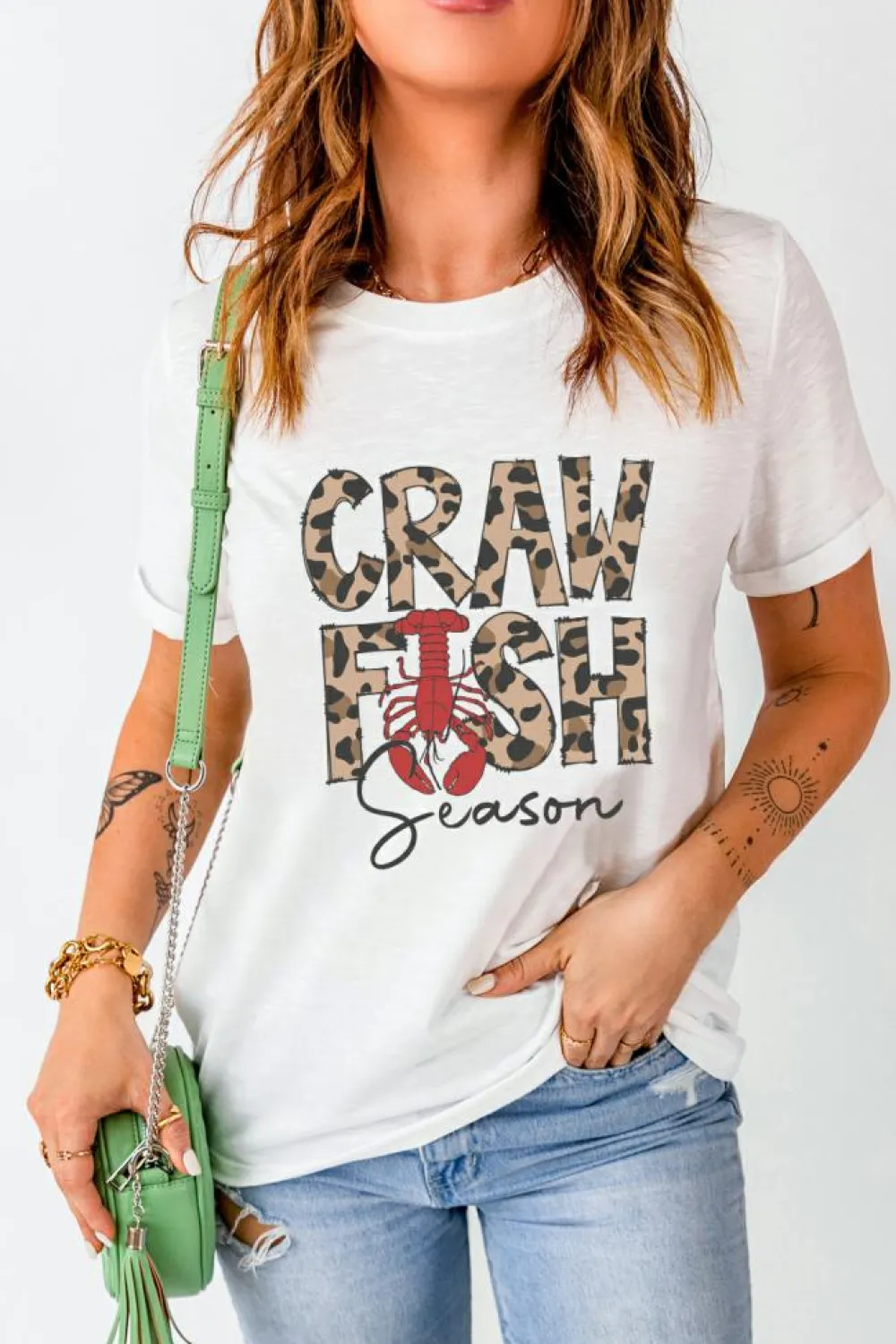Clearance Dear-Lover Leopard CRAWFISH Season Lettering Casual Tee White