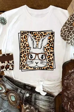 Hot Dear-Lover Leopard Cute Bunny Graphic Crewneck Easter Tee White