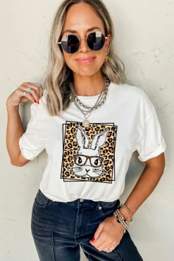 Hot Dear-Lover Leopard Cute Bunny Graphic Crewneck Easter Tee White