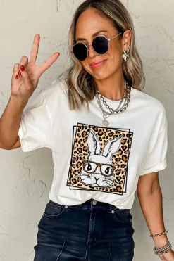 Hot Dear-Lover Leopard Cute Bunny Graphic Crewneck Easter Tee White