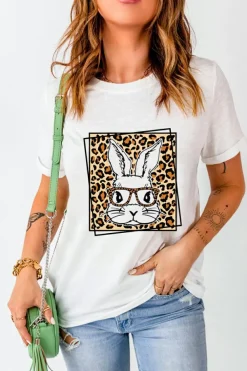 Hot Dear-Lover Leopard Cute Bunny Graphic Crewneck Easter Tee White