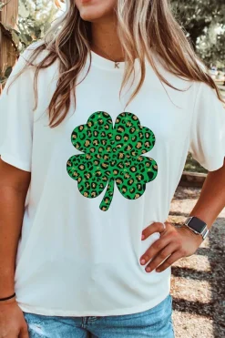 New Dear-Lover Leopard Four Leaf Clover Graphic Tee White