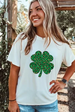 New Dear-Lover Leopard Four Leaf Clover Graphic Tee White