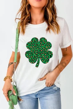 New Dear-Lover Leopard Four Leaf Clover Graphic Tee White