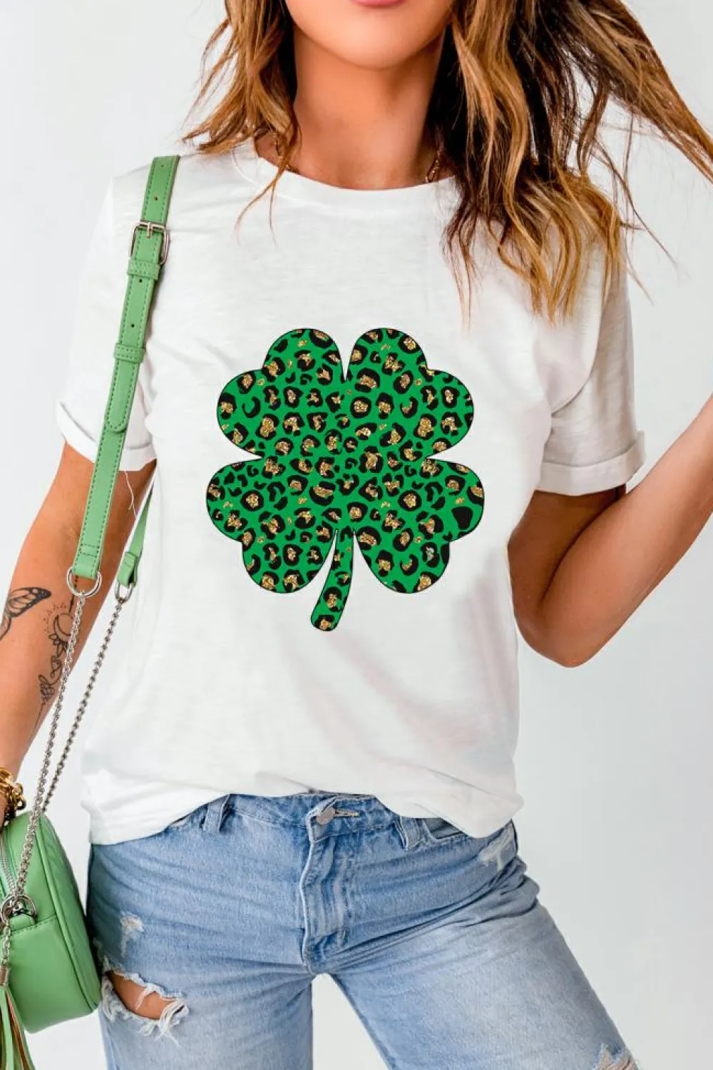 New Dear-Lover Leopard Four Leaf Clover Graphic Tee White