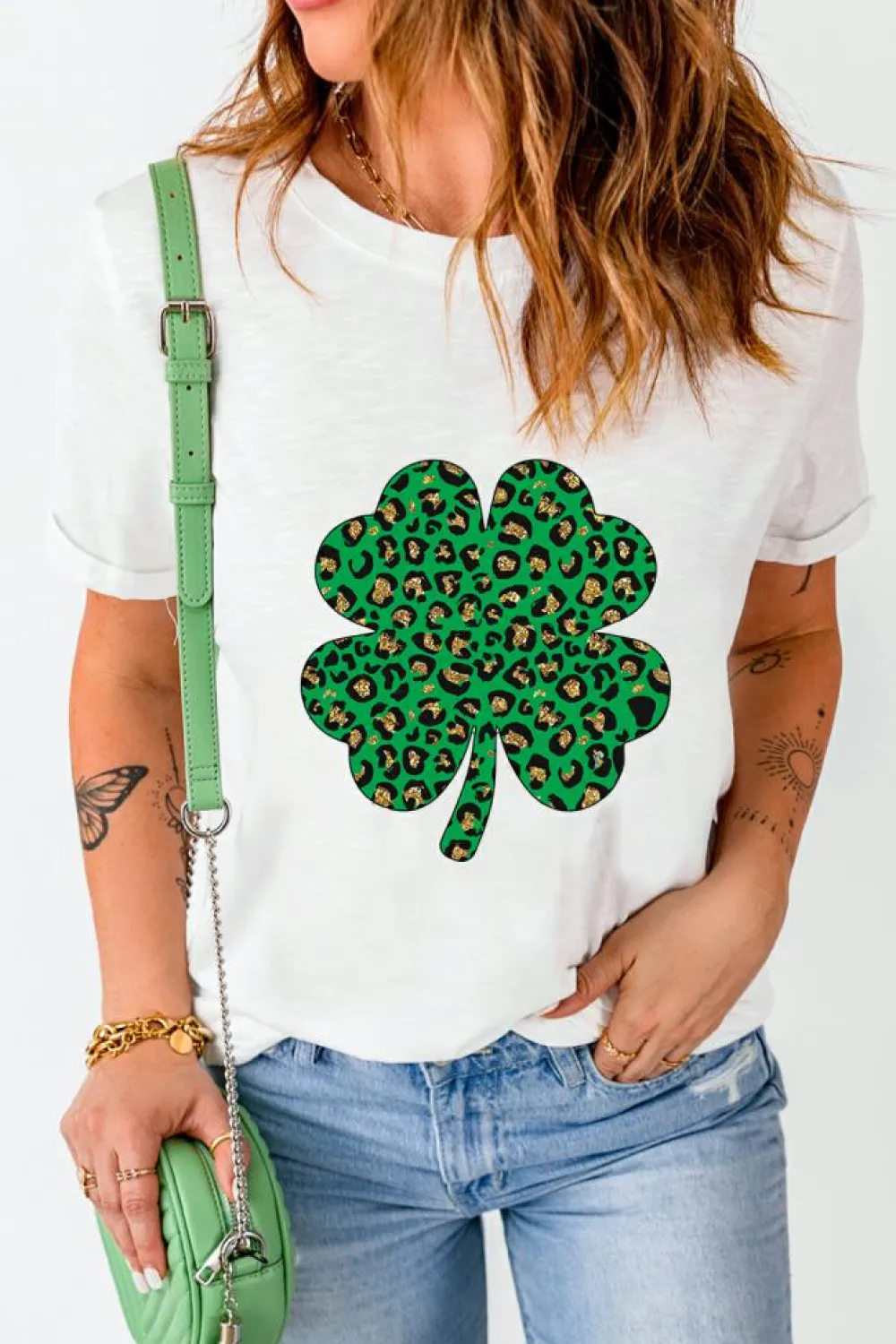 New Dear-Lover Leopard Four Leaf Clover Graphic Tee White