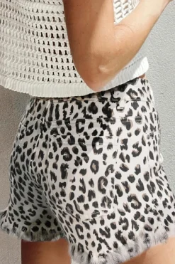 Sale Dear-Lover Leopard Frayed Hem Denim Shorts White