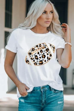 Sale Dear-Lover Leopard Hearts Rugby Football Print Short Sleeve T Shirt White