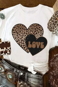 New Dear-Lover Leopard LOVE Double Heart Printed Valentines Graphic Tee White