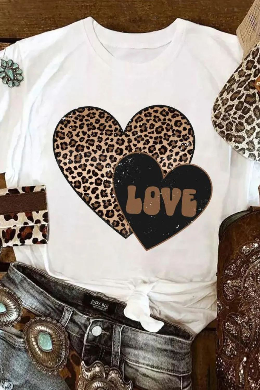 New Dear-Lover Leopard LOVE Double Heart Printed Valentines Graphic Tee White