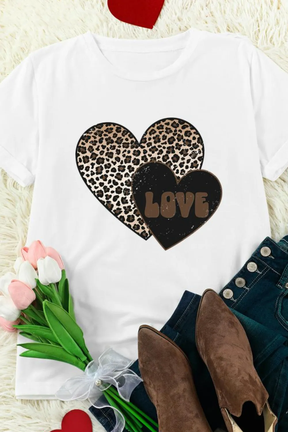 New Dear-Lover Leopard LOVE Double Heart Printed Valentines Graphic Tee White