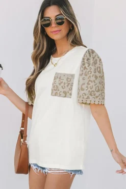Best Dear-Lover Leopard Patchwork Crochet Lace Trim Puff Sleeve T Shirt White