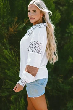 Clearance Dear-Lover Leopard Patchwork Turn-down Collar Waffle Top White