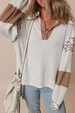Clearance Dear-Lover Leopard Patchwork Turn-down Collar Waffle Top White