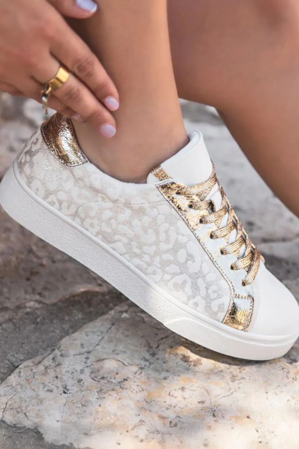 Clearance Dear-Lover Leopard Print Glitter Patched PU Leather Lace-up Shoes White