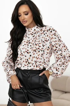 Best Dear-Lover Leopard Print Lantern Sleeve Mock Neck Pleated Blouse White