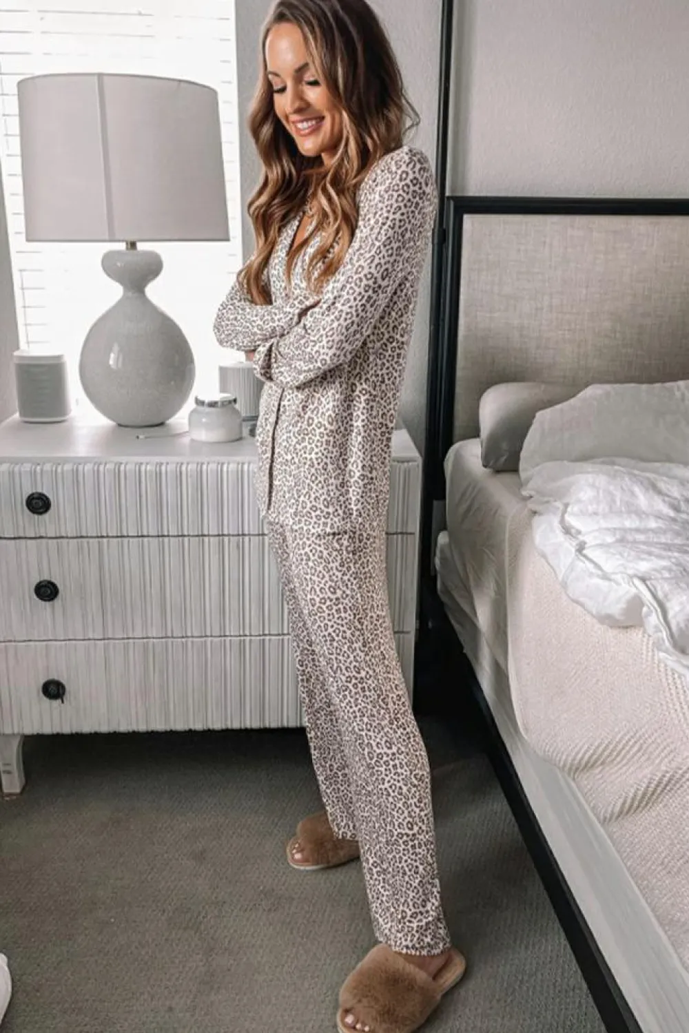 New Dear-Lover Leopard Print Long Sleeve and Pants Pajamas Set White