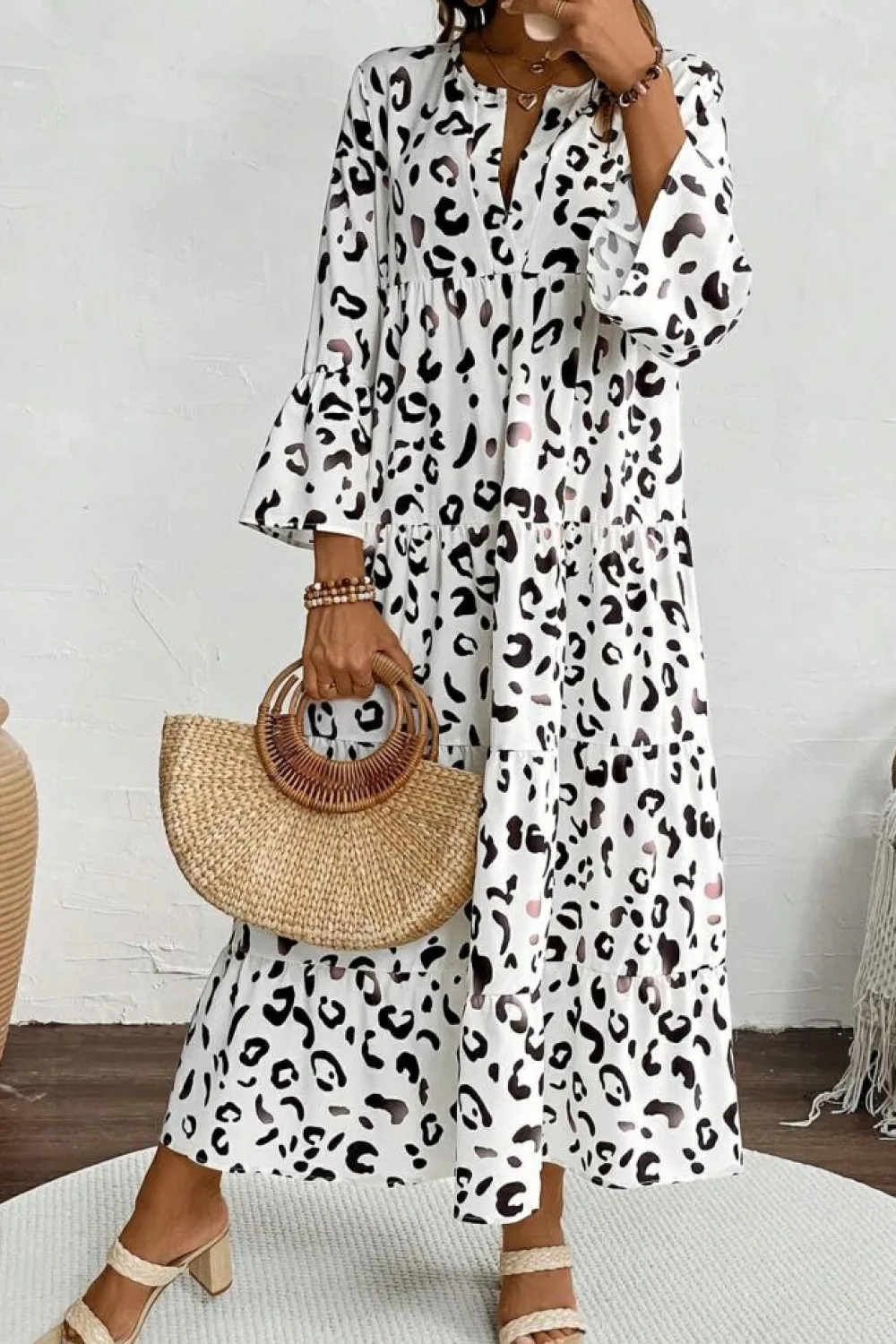 Outlet Dear-Lover Leopard Print Notch V Neck Loose Fit Maxi Dress White