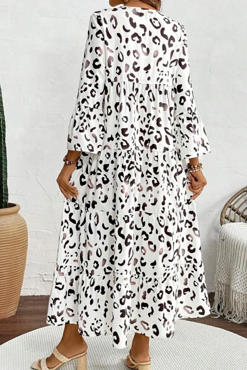 Outlet Dear-Lover Leopard Print Notch V Neck Loose Fit Maxi Dress White