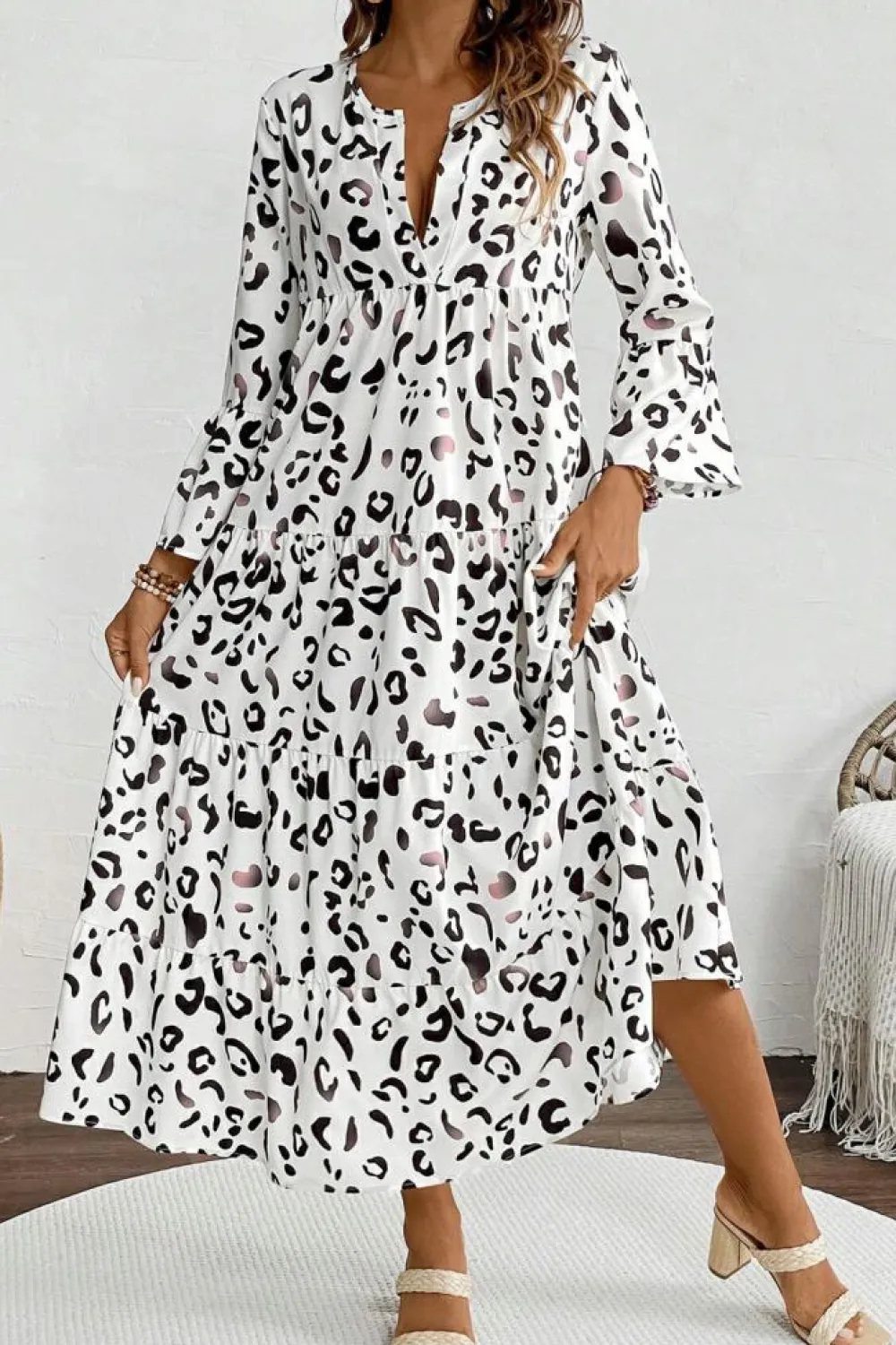 Outlet Dear-Lover Leopard Print Notch V Neck Loose Fit Maxi Dress White