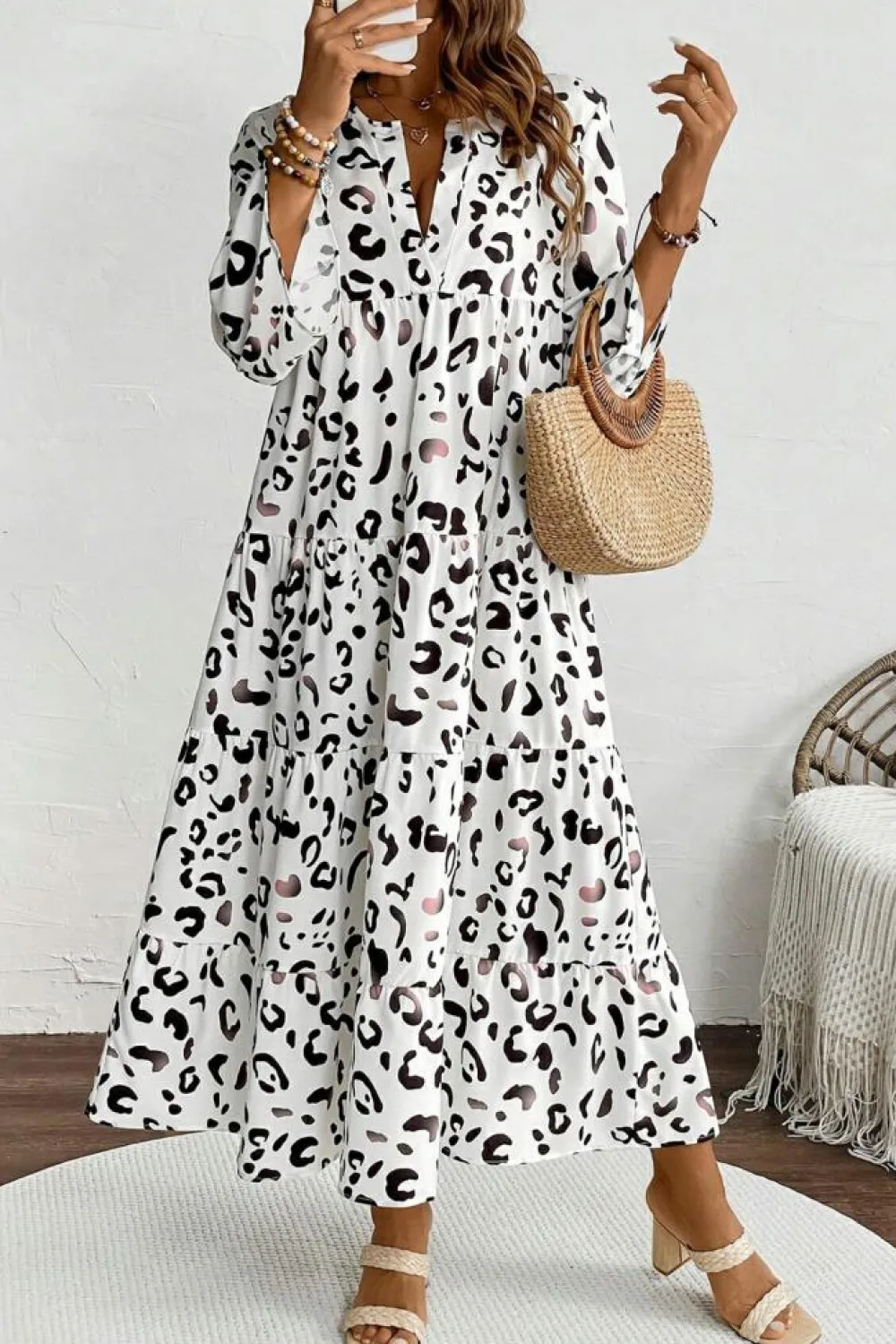 Outlet Dear-Lover Leopard Print Notch V Neck Loose Fit Maxi Dress White