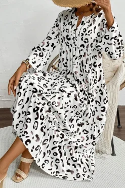 Outlet Dear-Lover Leopard Print Notch V Neck Loose Fit Maxi Dress White