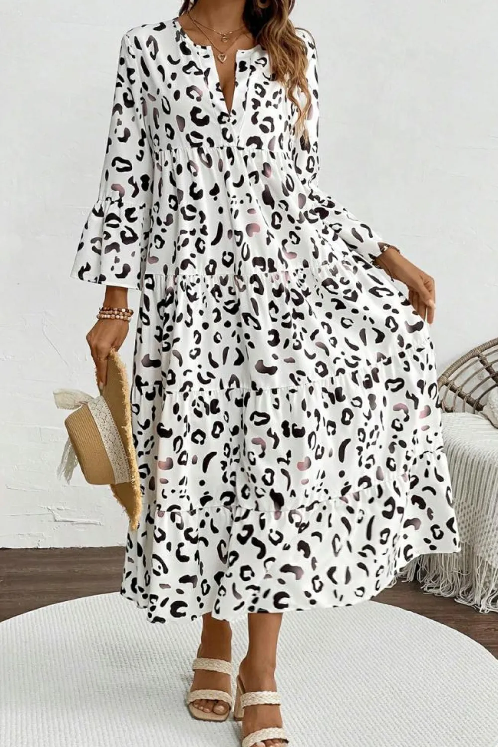 Outlet Dear-Lover Leopard Print Notch V Neck Loose Fit Maxi Dress White