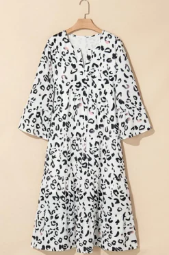 Outlet Dear-Lover Leopard Print Notch V Neck Loose Fit Maxi Dress White