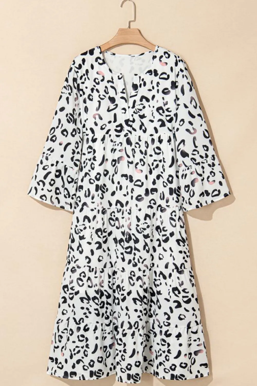 Outlet Dear-Lover Leopard Print Notch V Neck Loose Fit Maxi Dress White
