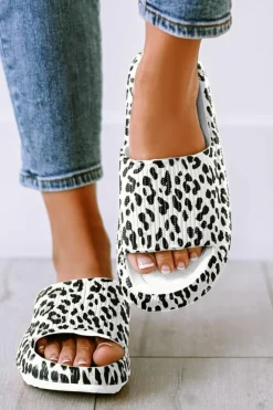 Fashion Dear-Lover Leopard Print Thick Sole Slip On Slippers White