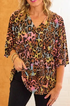 Sale Dear-Lover Leopard Print Wide Sleeve Peplum Hem Blouse White