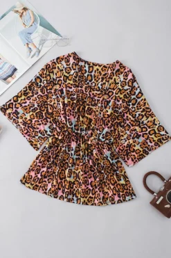 Sale Dear-Lover Leopard Print Wide Sleeve Peplum Hem Blouse White