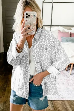 New Dear-Lover Leopard Printed Flap Pocket Denim Jacket White