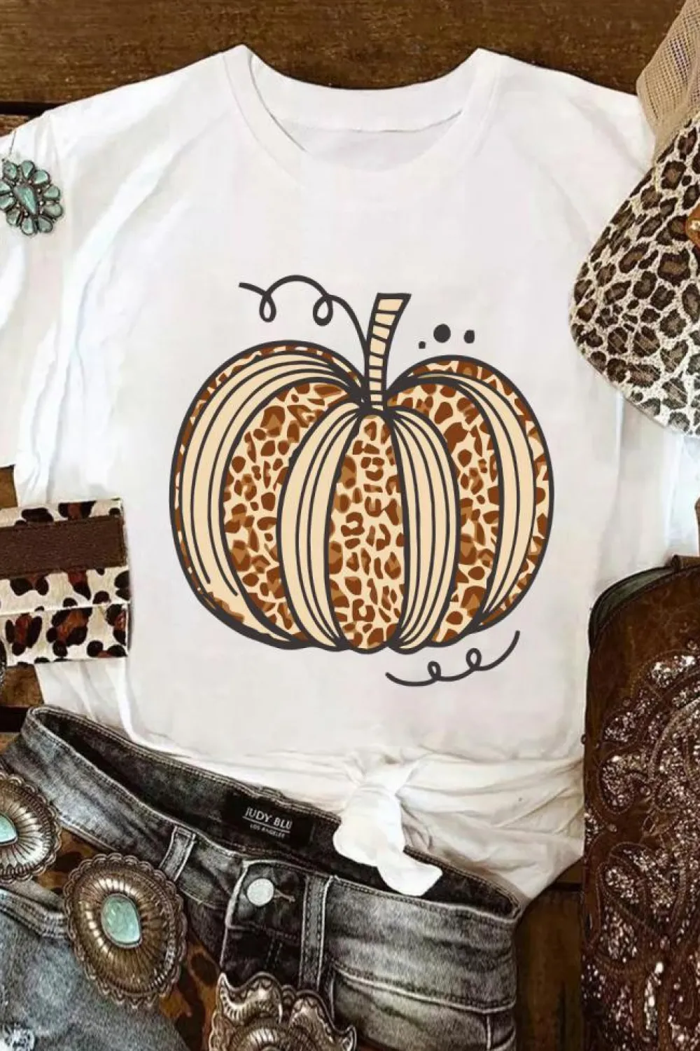 Outlet Dear-Lover Leopard Pumpkin Graphic Crewneck Halloween T Shirt White