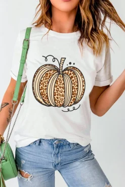 Outlet Dear-Lover Leopard Pumpkin Graphic Crewneck Halloween T Shirt White