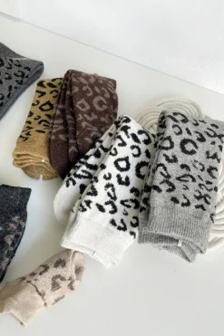 Fashion Dear-Lover Leopard Ribbed Edge Tube Socks White