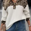 Fashion Dear-Lover Leopard Waffle Knit Patchwork Button V Neck Top White