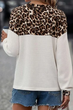 Fashion Dear-Lover Leopard Waffle Knit Patchwork Button V Neck Top White