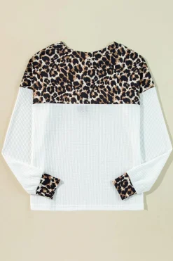Fashion Dear-Lover Leopard Waffle Knit Patchwork Button V Neck Top White